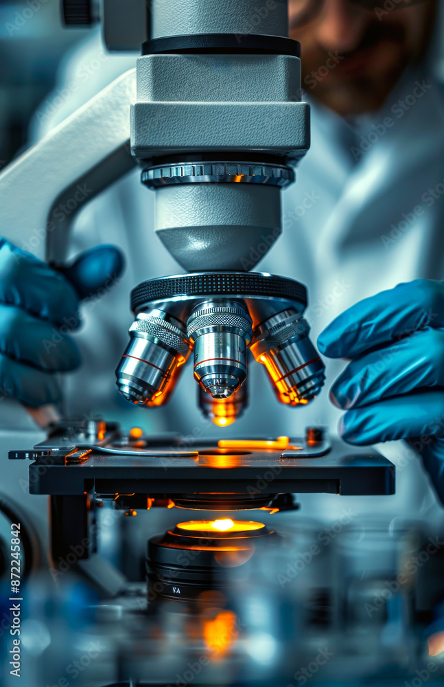 A scientist is looking through a microscope at a sample. Concept of curiosity and scientific exploration A scientist is looking through a microscope at a sample. Concept of curiosity and scientific exploration
