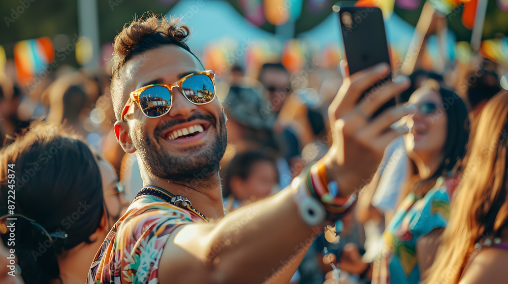 A man is taking a selfie at a lively outdoor festival surrounded by a crowd A man is taking a selfie at a lively outdoor festival surrounded by a crowd