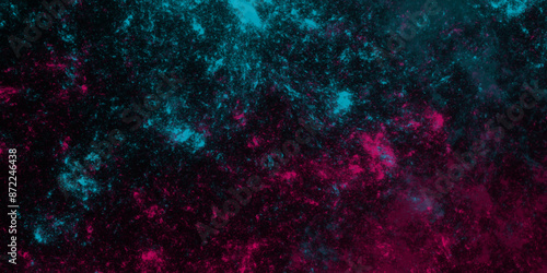 Star field background Aquamarine and pink dark red pink, teal and purple nebula universe. Cosmic neon light blue watercolor background aquarelle deep black Paper textured. Fantastic outer view space