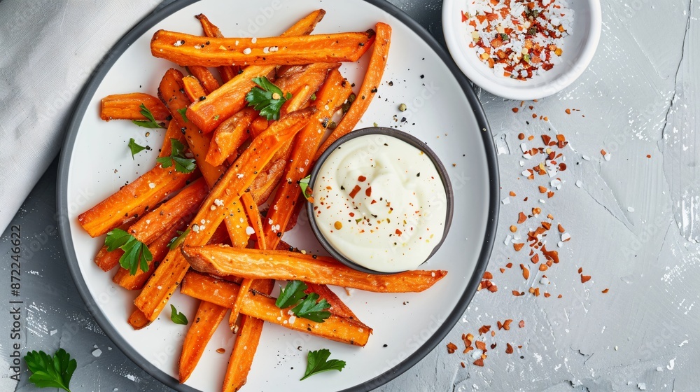 A plate of spicy carrot fries with a side of garlic aioli, served on a modern white plate, sprinkled with sea salt and pepper A plate of spicy carrot fries with a side of garlic aioli, served on a modern white plate, sprinkled with sea salt and pepper