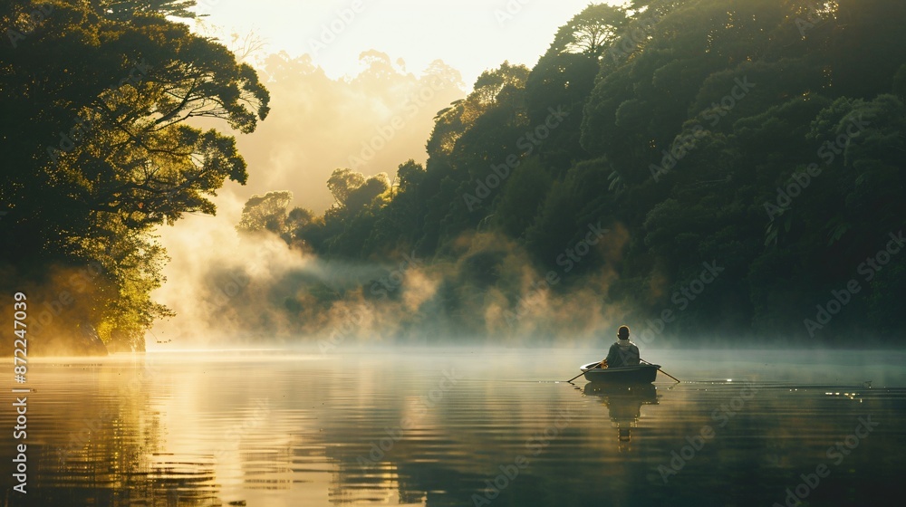 A serene lakeside scene at dawn, with mist rising from the water and a lone fisherman patiently waiting for a catch, surrounded by lush greenery A serene lakeside scene at dawn, with mist rising from the water and a lone fisherman patiently waiting for a catch, surrounded by lush greenery