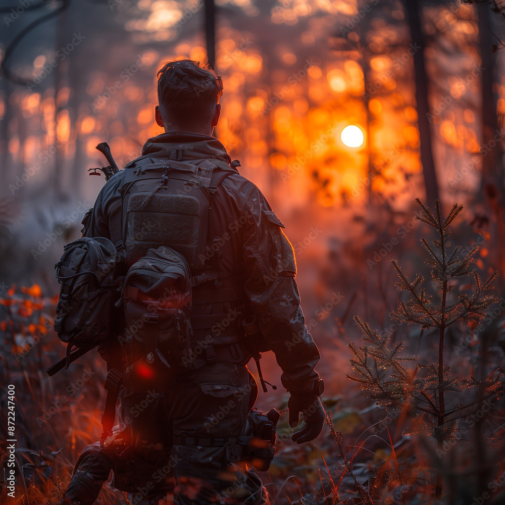A soldier marching through the forest at sunset. A soldier marching through the forest at sunset.