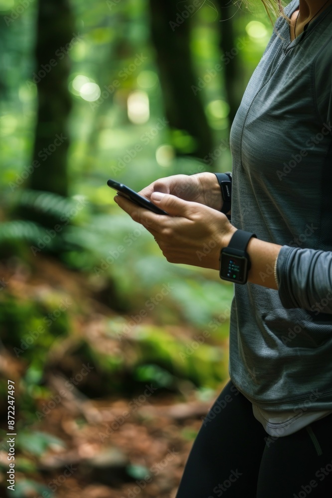 Capturing the hands of an active Caucasian woman running in a natural setting, checking her phone Capturing the hands of an active Caucasian woman running in a natural setting, checking her phone
