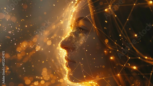 Abstract image of a woman with glowing lines and sparks representing thought connectivity. Generative AI