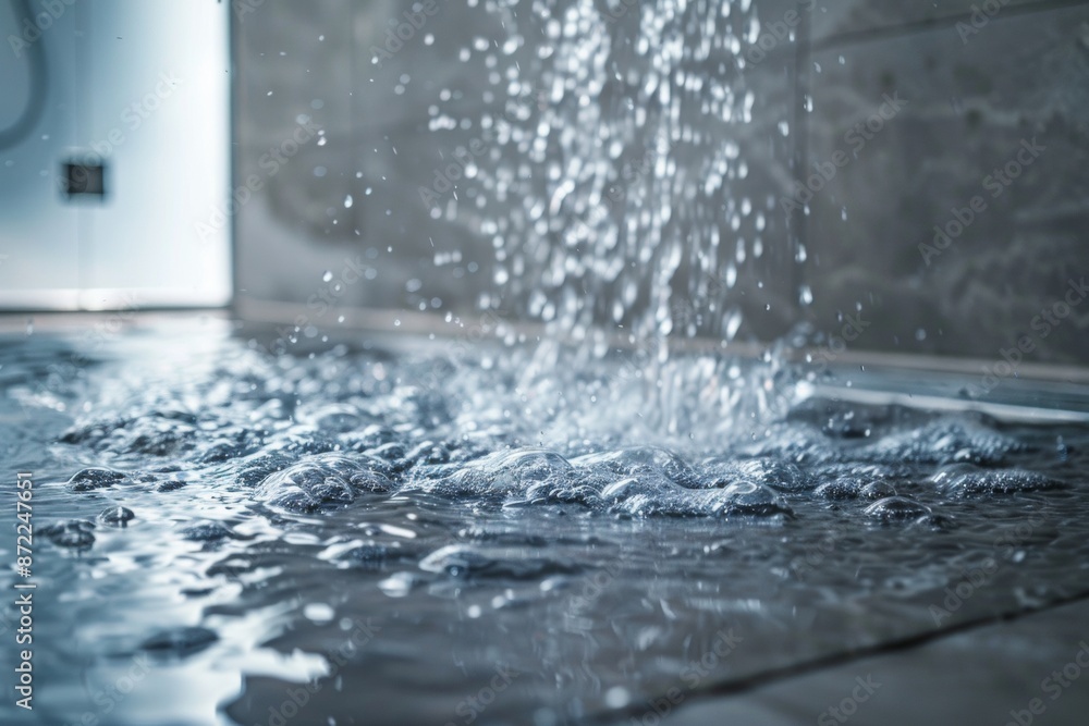 Ultra sharp image focusing the moment water spills from a shower, set within a bathroom interior Ultra sharp image focusing the moment water spills from a shower, set within a bathroom interior