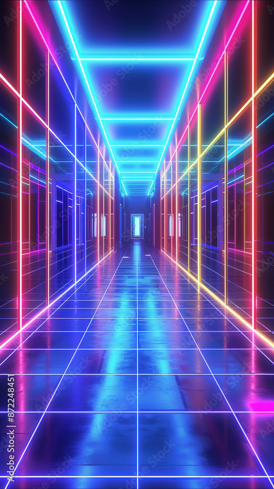 Futuristic neon hallway with glowing pink and blue lights and reflective floor Futuristic neon hallway with glowing pink and blue lights and reflective floor