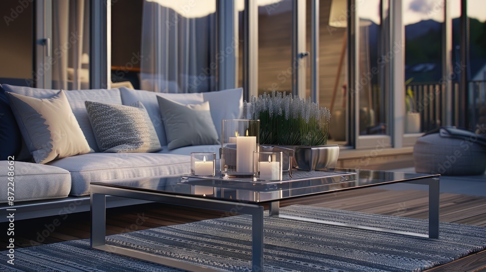 Obraz premium A modern coffee table with a silver tree branch base and glass top sits in a living room setting