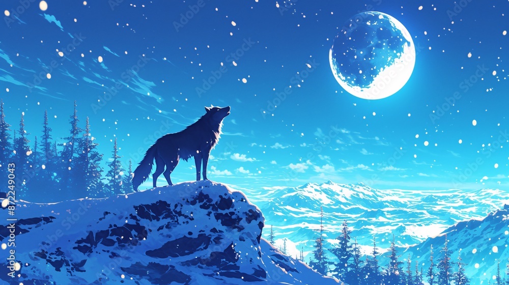 Solitary Wolf Howling at Moon on Snowy Hill under Clear Night Sky Solitary Wolf Howling at Moon on Snowy Hill under Clear Night Sky