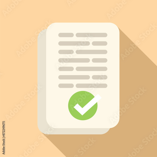Document being validated with a green check mark, flat design icon with long shadow