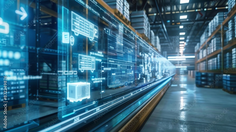 Futuristic warehouse uses digital interface to display transportation and logistics processes. Schematics of trucks and containers highlight automation in supply chains. Futuristic warehouse uses digital interface to display transportation and logistics processes. Schematics of trucks and containers highlight automation in supply chains.