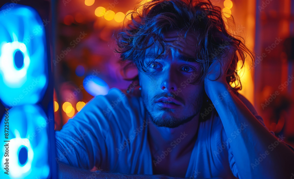 A man is sitting on a bed with a blue computer fan in front of him. He is looking at the camera with a sad expression on his face A man is sitting on a bed with a blue computer fan in front of him. He is looking at the camera with a sad expression on his face