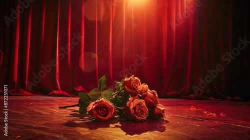 Fototapeta Naklejka Na Ścianę i Meble -  Roses on stage. A bouquet of red roses lies on the stage floor, illuminated by a spotlight. The red velvet curtain creates a dramatic and romantic backdrop.