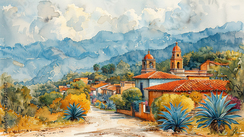 Traditional mexican colonial town watercolor