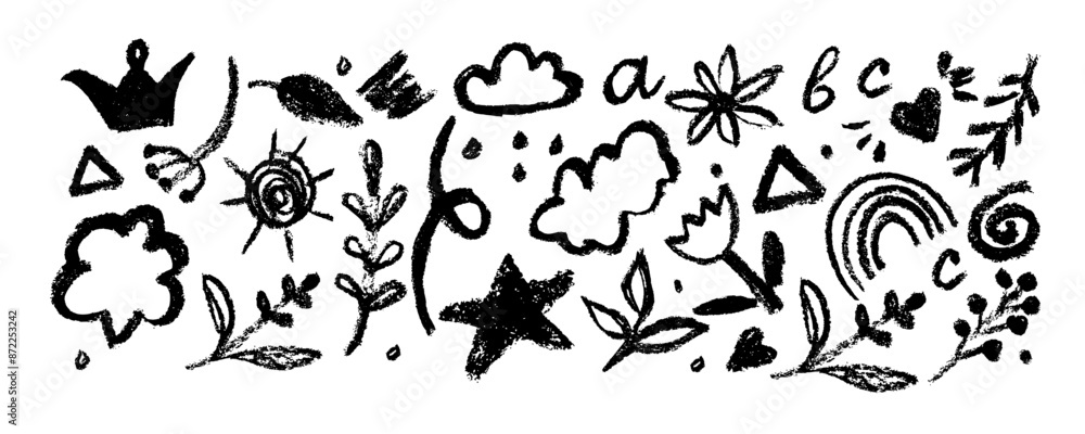 Set of charcoal drawn symbols: flowers, cloud, stars, crowns, crosses, swirls and dots with dry brush texture. Bold graffiti style shapes. Vector trendy illustration. Set of charcoal drawn symbols: flowers, cloud, stars, crowns, crosses, swirls and dots with dry brush texture. Bold graffiti style shapes. Vector trendy illustration.