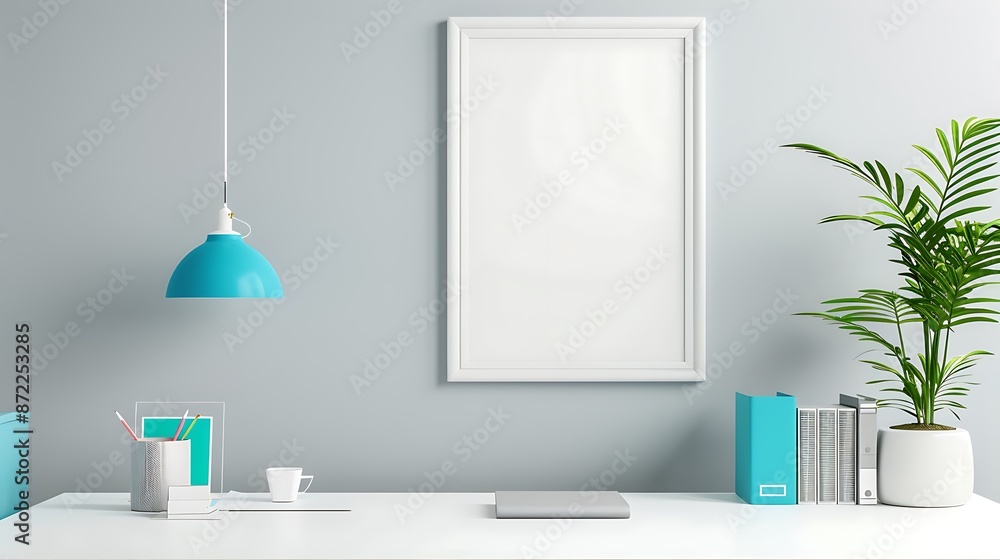 Sleek 3D office mockup with a minimalist white desk, bright blue accents, and an empty white frame on a light grey wall. Sleek 3D office mockup with a minimalist white desk, bright blue accents, and an empty white frame on a light grey wall.