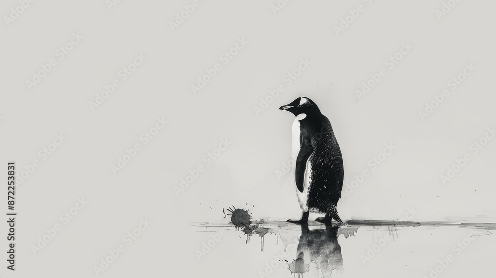 Fototapeta premium A solitary penguin, standing on an imagined icy expanse, is rendered in minimalist black ink against a white background