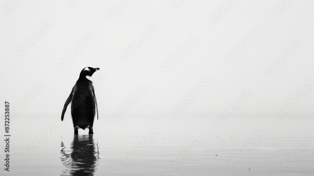 Obraz premium A solitary penguin, standing on an imagined icy expanse, is rendered in minimalist black ink against a white background