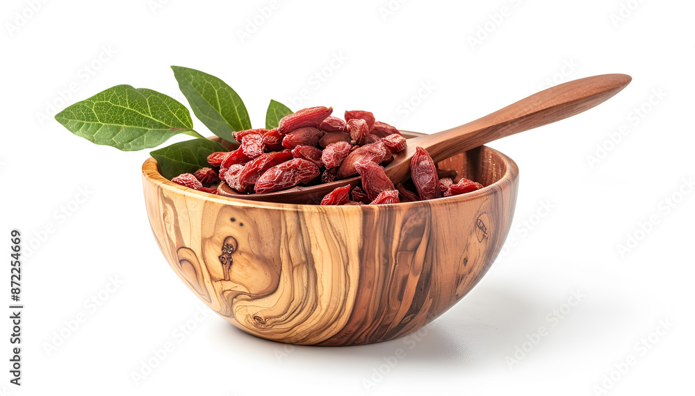 Dried goji berries in wooden bowl and spoon decorated with green leaves Isolated on white background