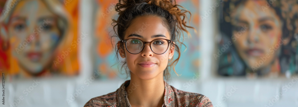 Portrait of a woman in her 30s wearing glasses and a nice shirt with a bright white background. She is a little overweight and is rolling her eyes to the top-left corner. Portrait of a woman in her 30s wearing glasses and a nice shirt with a bright white background. She is a little overweight and is rolling her eyes to the top-left corner.