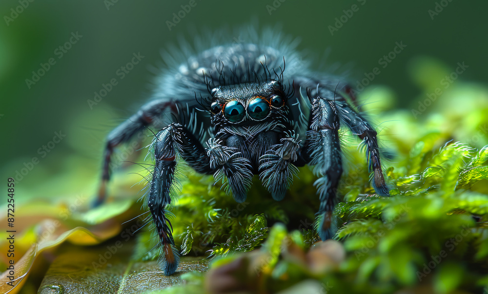 A spider is standing on a leafy green plant A spider is standing on a leafy green plant