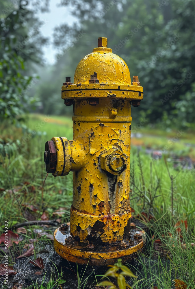 A yellow fire hydrant is sitting in the grass A yellow fire hydrant is sitting in the grass