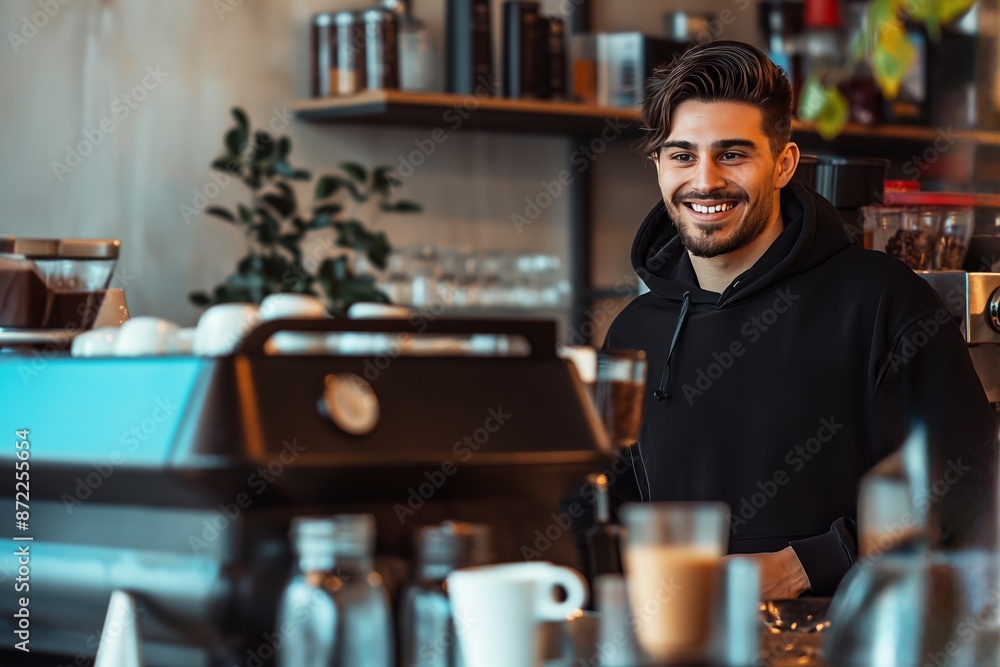 Barista in a cafe smiling behind the counter. Barista in a cafe smiling behind the counter.