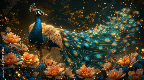 Fantasy scene of a beautiful peacock displaying its tail on the main stage with glittering spotlights. The peacock is adored by many audiences and the stage is decorated with flowers photo