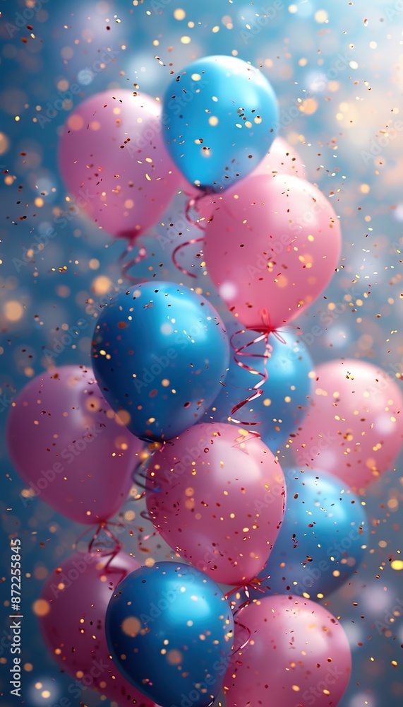 Vertical image , Festive balloons of lilac and blue color on a bright background , birthday balloons, greeting balloons Vertical image , Festive balloons of lilac and blue color on a bright background , birthday balloons, greeting balloons