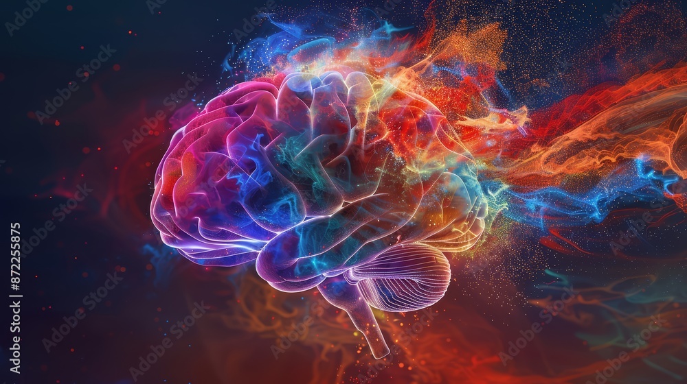 A striking visual of a brain with explosive fireworks of colors and designs A striking visual of a brain with explosive fireworks of colors and designs