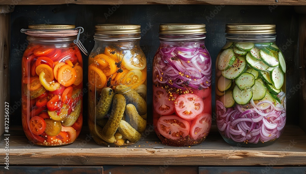 Pickled cucumbers, tomatoes in glass jars, salted peppers, onions and vegetables Pickled cucumbers, tomatoes in glass jars, salted peppers, onions and vegetables