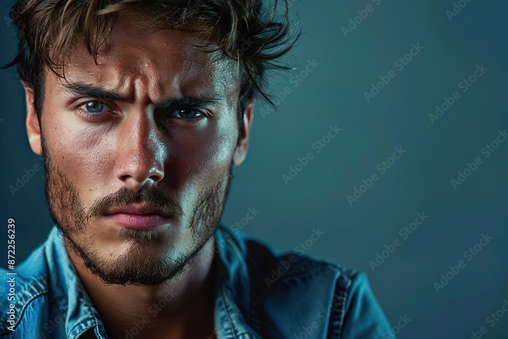 Obraz premium Discontented Young Man Against Green Backdrop with Ample Copy Space