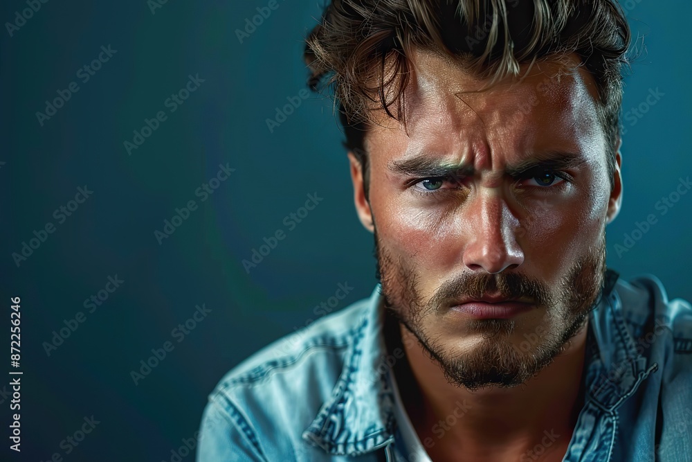 Discontented Young Man Against Green Backdrop with Ample Copy Space Discontented Young Man Against Green Backdrop with Ample Copy Space