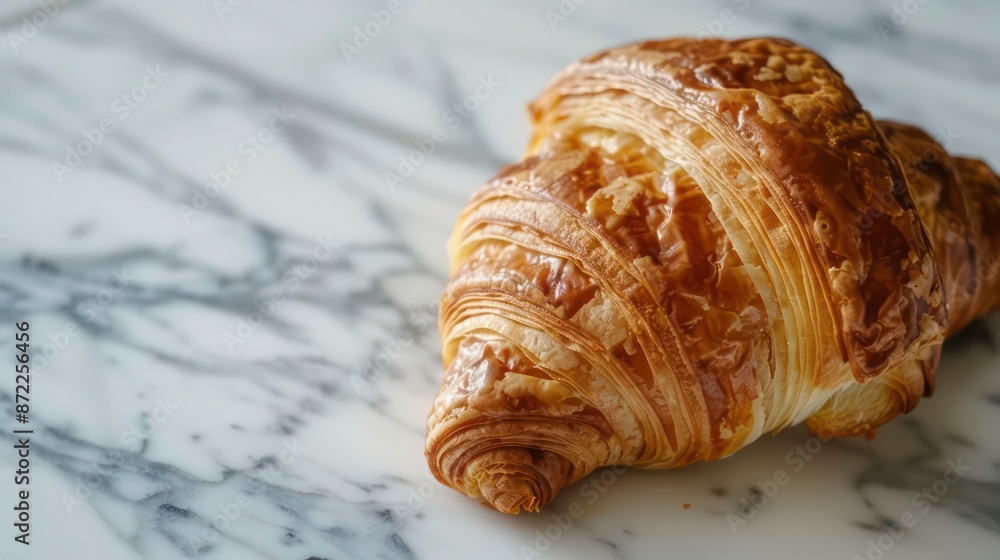 Closeup of a flaky, golden croissant on a cool marble counter top, showcasing its texture. Generative AI Closeup of a flaky, golden croissant on a cool marble counter top, showcasing its texture. Generative AI