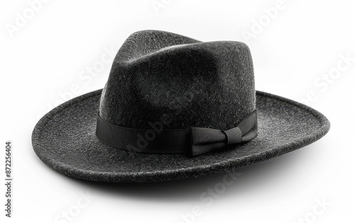 A black hat with a black ribbon and a black bow