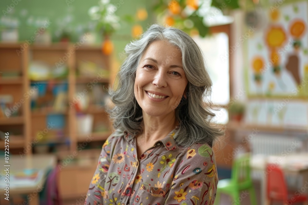 Middle age woman with grey hair preschool teacher smiling confident standing at kindergarten Middle age woman with grey hair preschool teacher smiling confident standing at kindergarten
