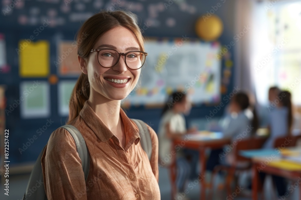Smiling teacher in elementary school classroom. Smiling teacher in elementary school classroom.
