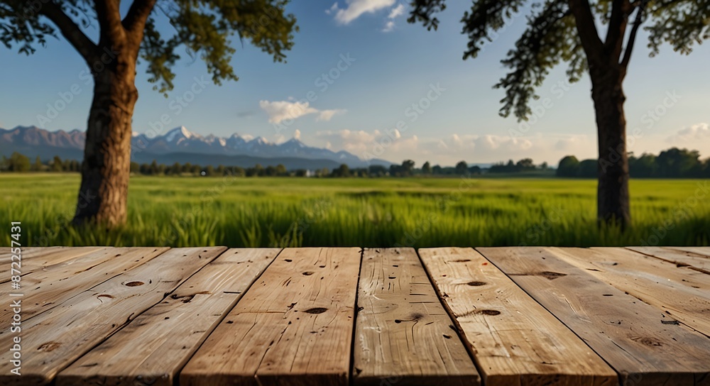 wooden table with a view of blurred Nature Background, For product display template wooden table with a view of blurred Nature Background, For product display template