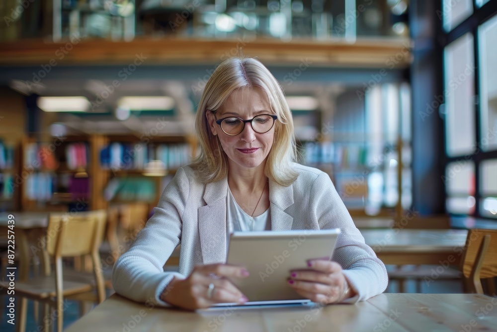 Portrait Of Mature Female Teacher Or Student With Digital Tablet Working At Table In College Hall Portrait Of Mature Female Teacher Or Student With Digital Tablet Working At Table In College Hall