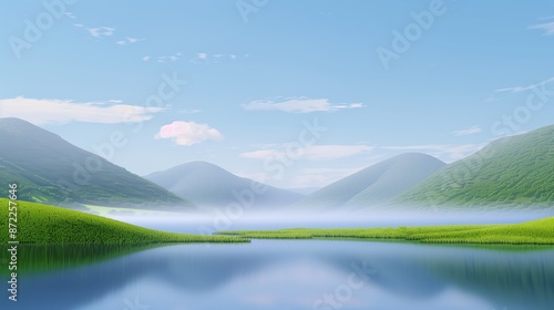 Tranquil Mountain Landscape with Blue Sky and Central Lake