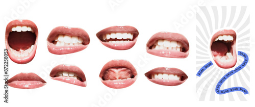 Contemporary color halftone cutouts of a collage of lips and mouths that smile and scream in a retro pop art style. Gossip, fake or pesky news concept. Dadaism elements on a transparent background. 