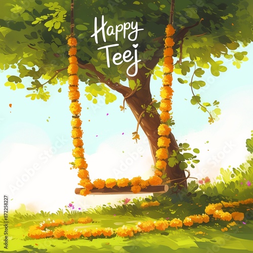 Watercolor illustration for the teej festival with a traditional swing hanging on tree. photo