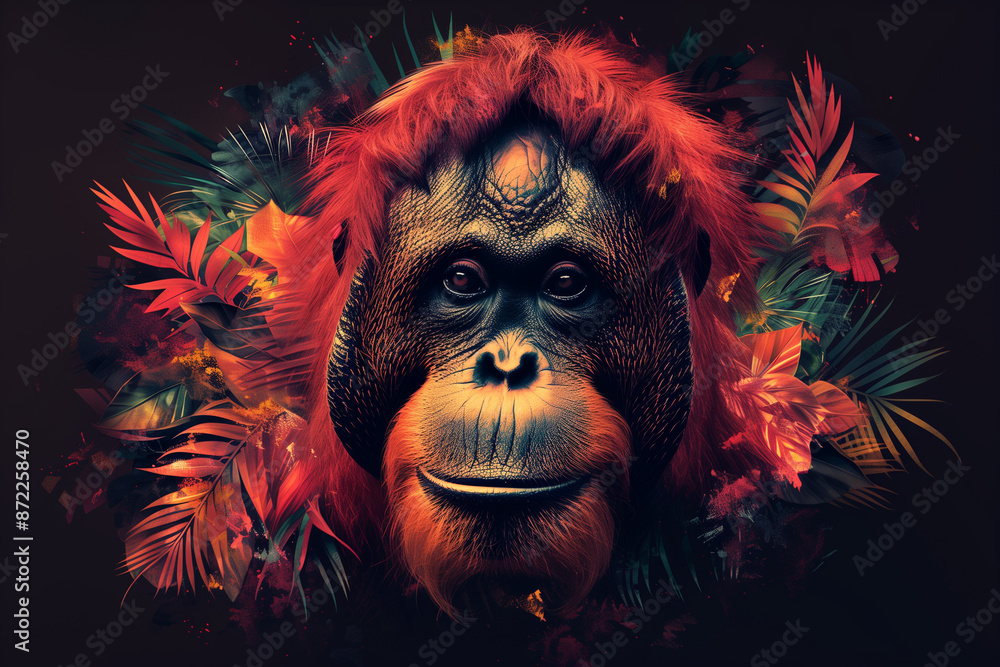 Stylized illustration of an Orangutan on a branch with abstract rainforest foliage Stylized illustration of an Orangutan on a branch with abstract rainforest foliage