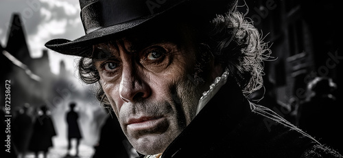 Portrait of a respectable middle-aged Victorian gentleman in a black hat and coat on the street