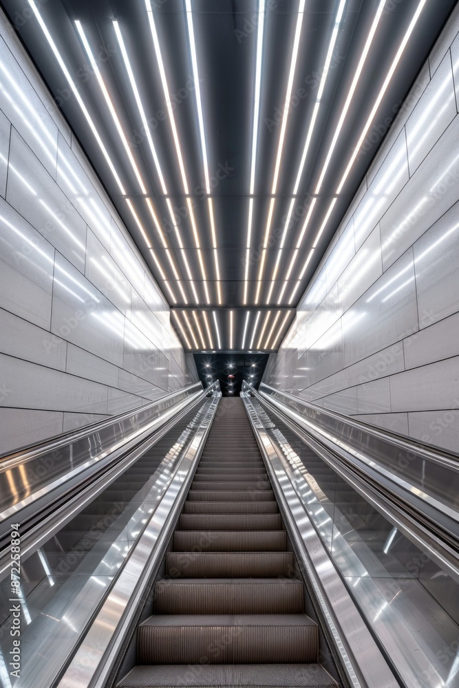 Contemporary subway escalator with captivating lighting Sleek, bright, advanced architecture Contemporary subway escalator with captivating lighting Sleek, bright, advanced architecture