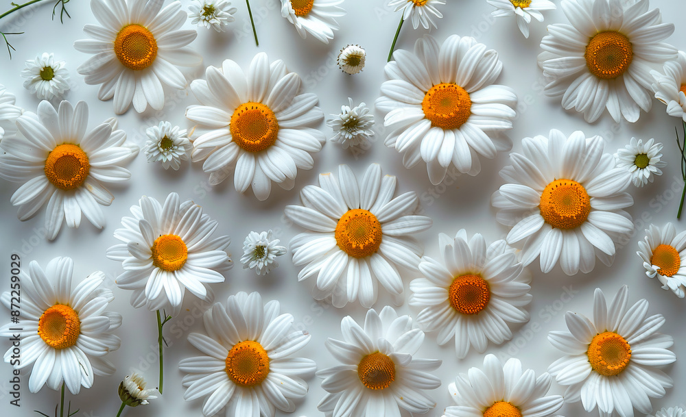 A close up of a bunch of white daisies with orange centers A close up of a bunch of white daisies with orange centers