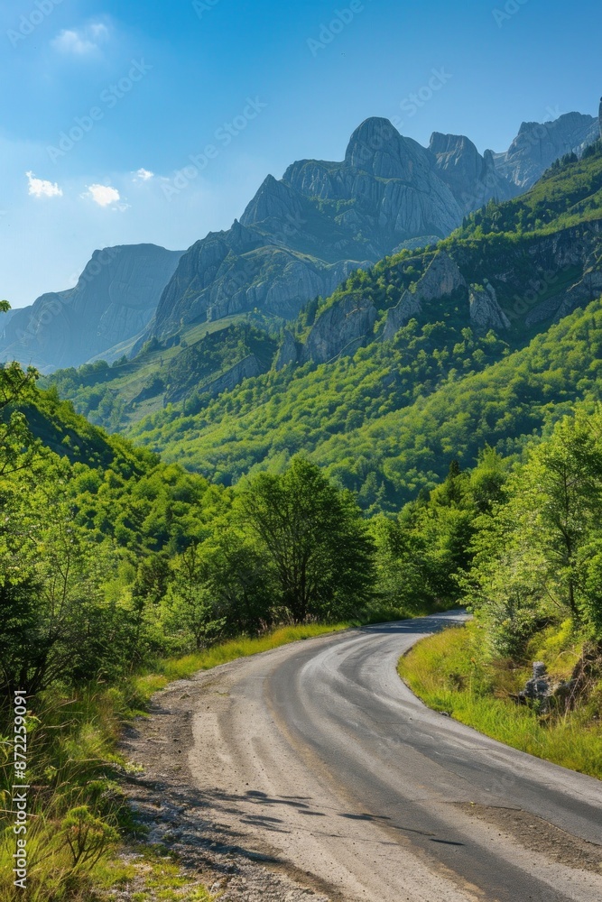 Country road through lush forest, mountains backdrop Sunny day, inviting exploration nature's beauty Country road through lush forest, mountains backdrop Sunny day, inviting exploration nature's beauty
