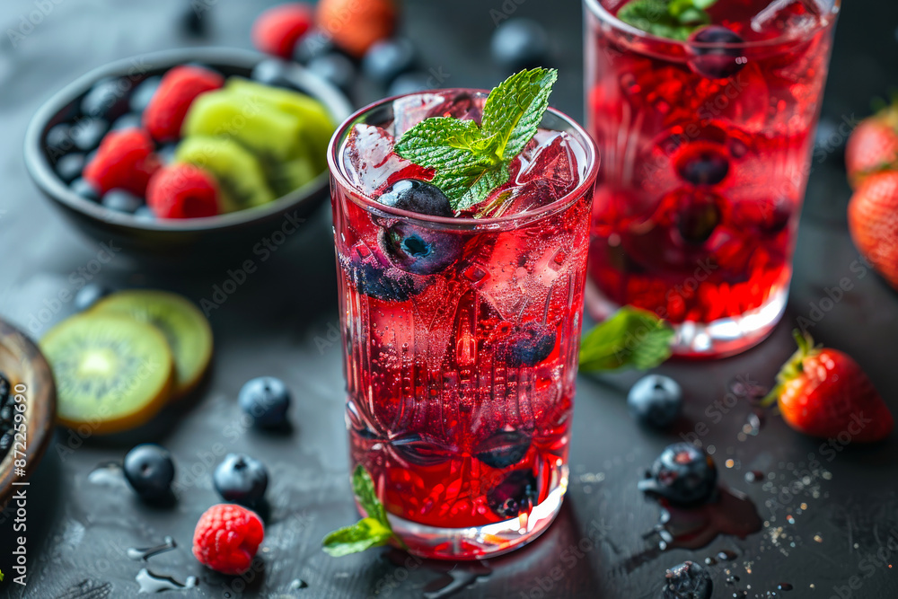 Two glasses of a red drink with mint and blueberries Two glasses of a red drink with mint and blueberries