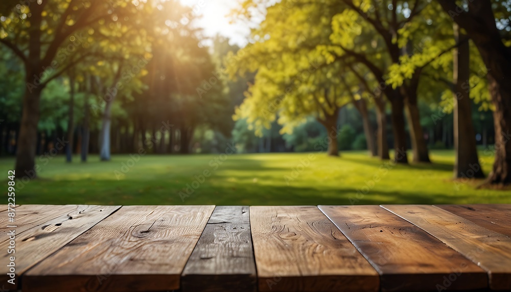 wooden table with a view of blurred Nature Background, For product display template wooden table with a view of blurred Nature Background, For product display template