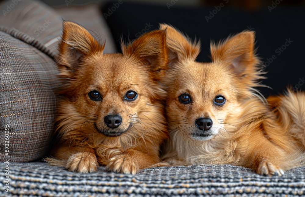 Two small dogs are laying on a couch, one on the left and one on the right Two small dogs are laying on a couch, one on the left and one on the right