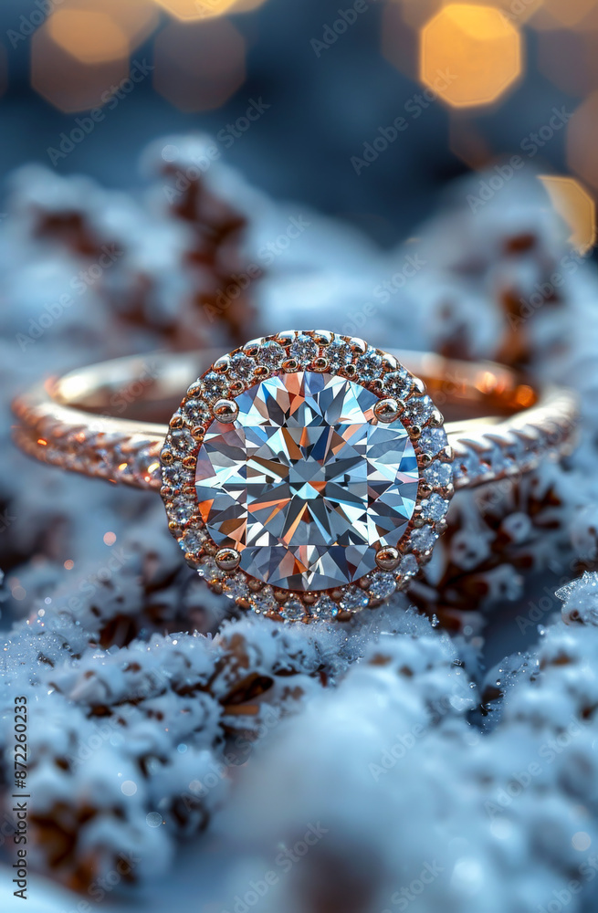 Fototapeta premium A gold and diamond ring is set in a bed of white flowers